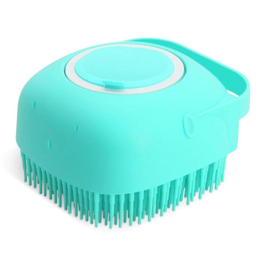 Squeaky Clean Shampoo Brush with silicone bristles and built-in soap dispenser for gentle scalp and body cleansing