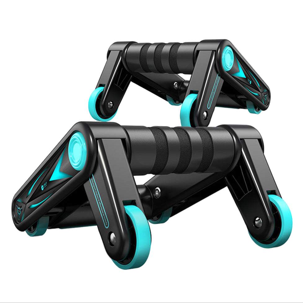 Foldable ab muscle wheel with stable two-wheel support and durable rubber-wrapped wheels for versatile home workouts