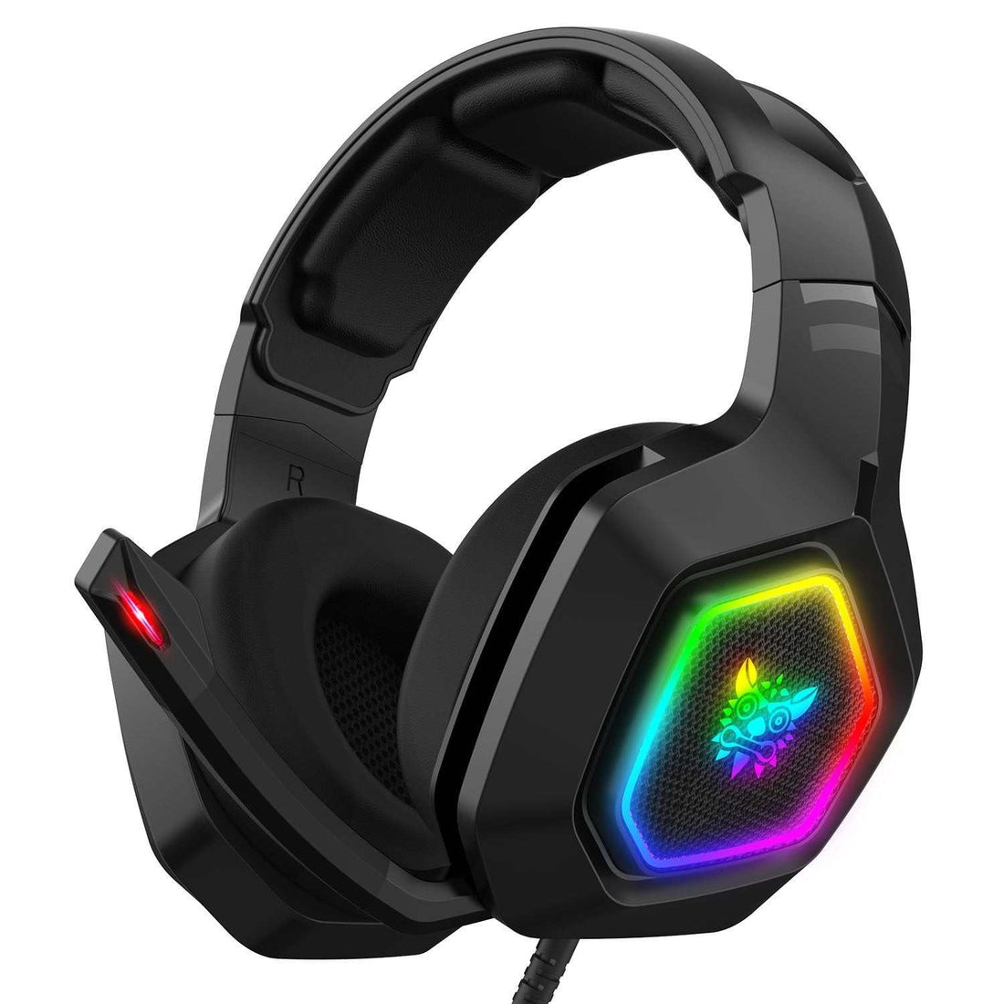 Wired RGB gaming headset with 50mm drivers, surround sound, USB-powered RGB lights, adjustable mic, noise reduction, and onboard controls