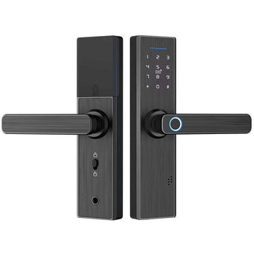 Electronic smart door lock with 6-in-1 keyless entry, fingerprint, passcode, app control, and enhanced security features.