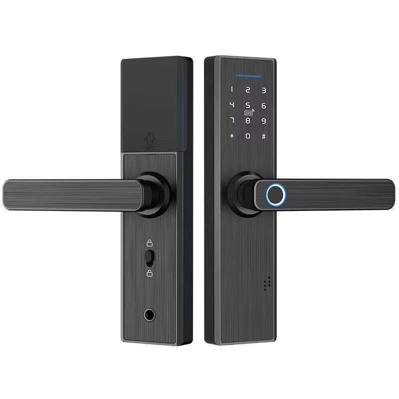 Electronic smart door lock with 6-in-1 keyless entry, fingerprint, passcode, app control, and enhanced security features.