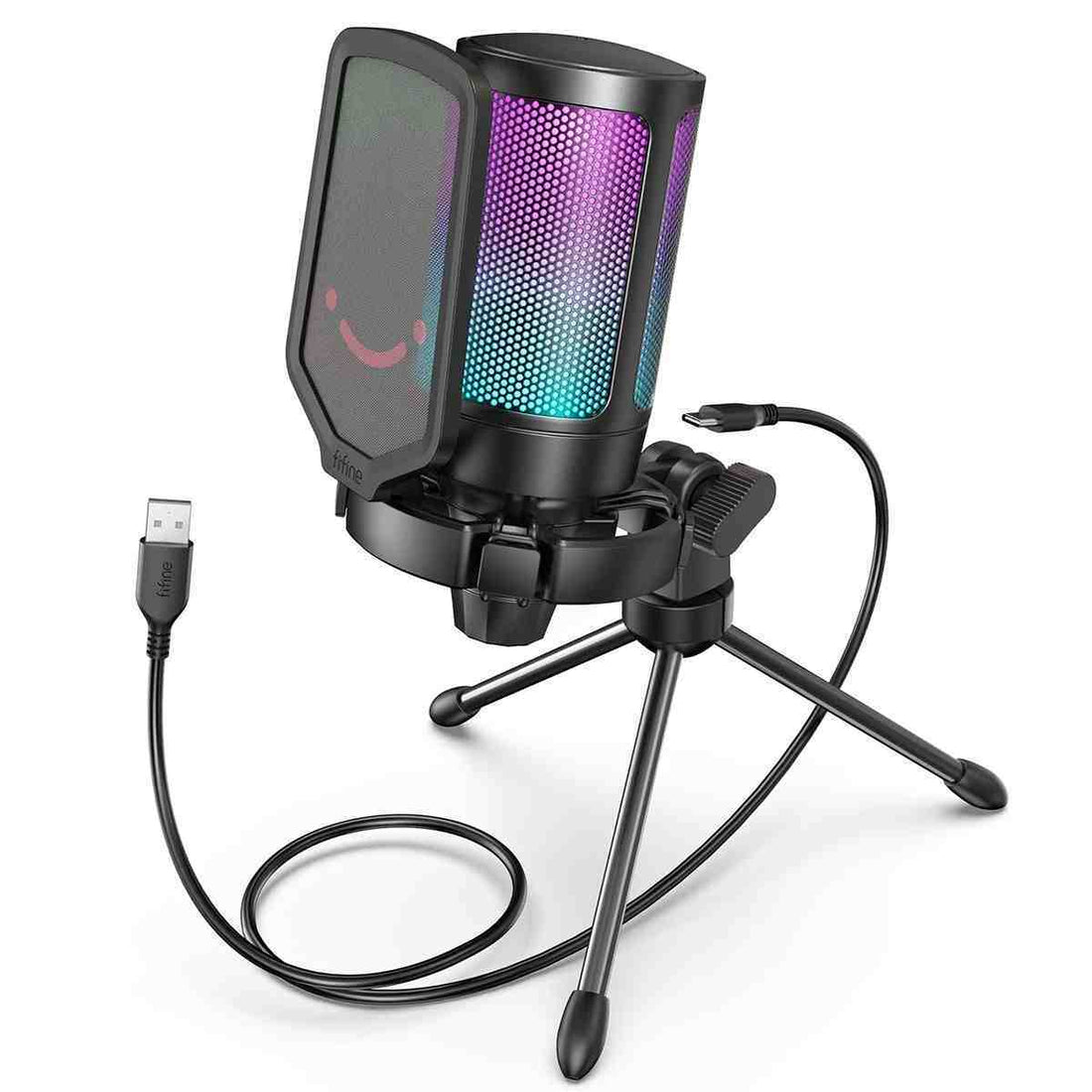 Condenser gaming microphone with dynamic RGB lighting, quick mute button, cardioid condenser pattern for clear voice, gain control knob, shock mount, and USB Type-C plug-in compatibility.