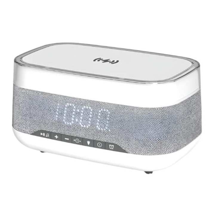 Intelligent multifunctional alarm clock with wireless charging, Bluetooth speaker, LED display, and 7-color night light