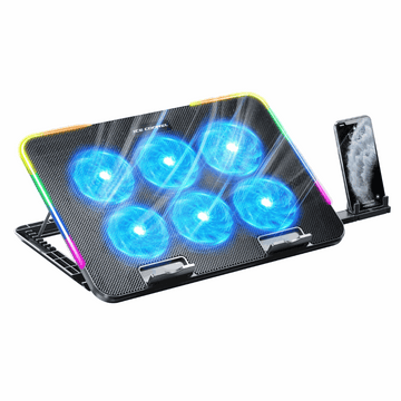 Laptop Air Cooling Bracket with 6 fans, adjustable height, dual USB ports, and ergonomic anti-slip design for laptops up to 17 inches